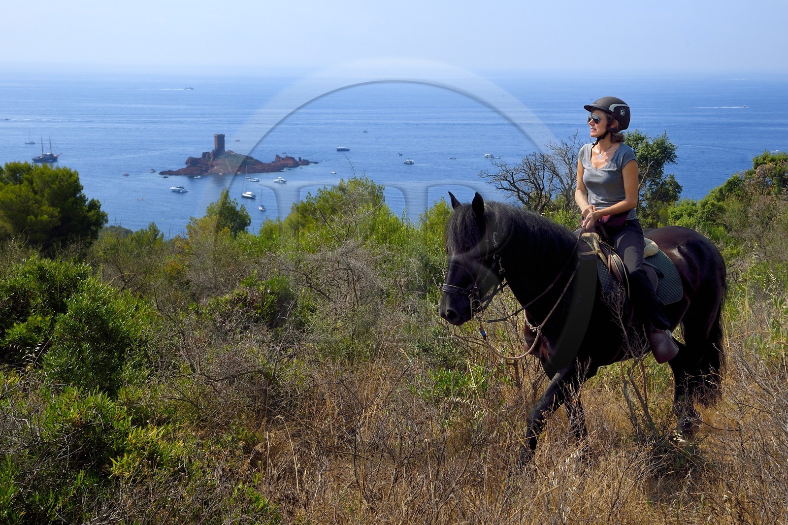 France, Var, Agay area next to Saint-Raphael, riders trekking in the Massif de l'Esterel (Esterel Massif) and the Ile d'Or island on the Dramont cape in the background