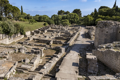 France, Bouches-du-Rhône (13), Parc Naturel Régional des Alpilles, Saint-Rémy-de-Provence, site archéologique de Glanum, la rue principale (vue aérienne)