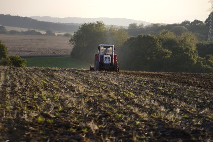 Allemagne, Sarre, région de la Moselle vers Sinz, la campagne au carrefour des trois frontières Luxembourg, France et Allemagne, tracteur dans un champ
