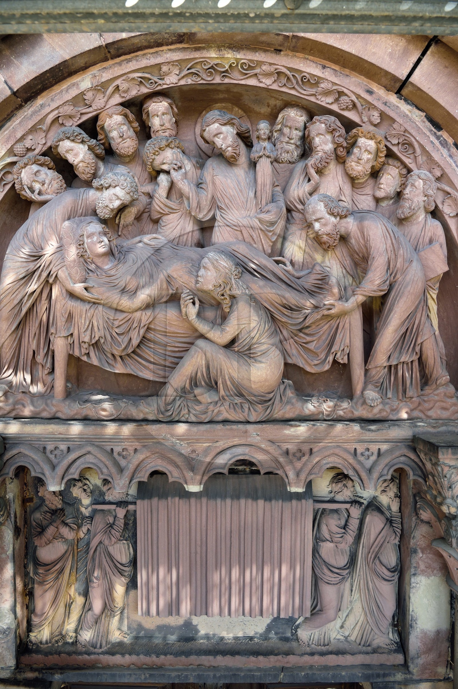 France, Bas Rhin, Strasbourg, old town listed as World Heritage by UNESCO, Notre Dame Cathedral, Judgment Day Portal, tympanum of the Dormition of the Virgin, a masterpiece of the 1200 style
