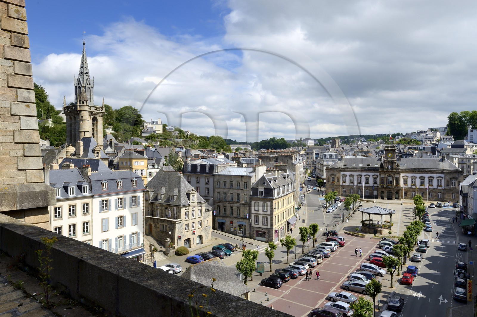 France, Finistere, Morlaix, place des Otages and the Saint-Melaine church seen from the viaduct