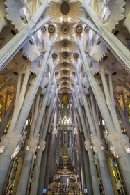 Spain, Catalonia, Barcelona, Eixample district, Sagrada Familia basilica by Catalan modernist architect Antoni Gaudi, listed as a UNESCO World Heritage Site, the choir, the ciborium, the dome and the vault of the Nave at the top seen from the Glory facade