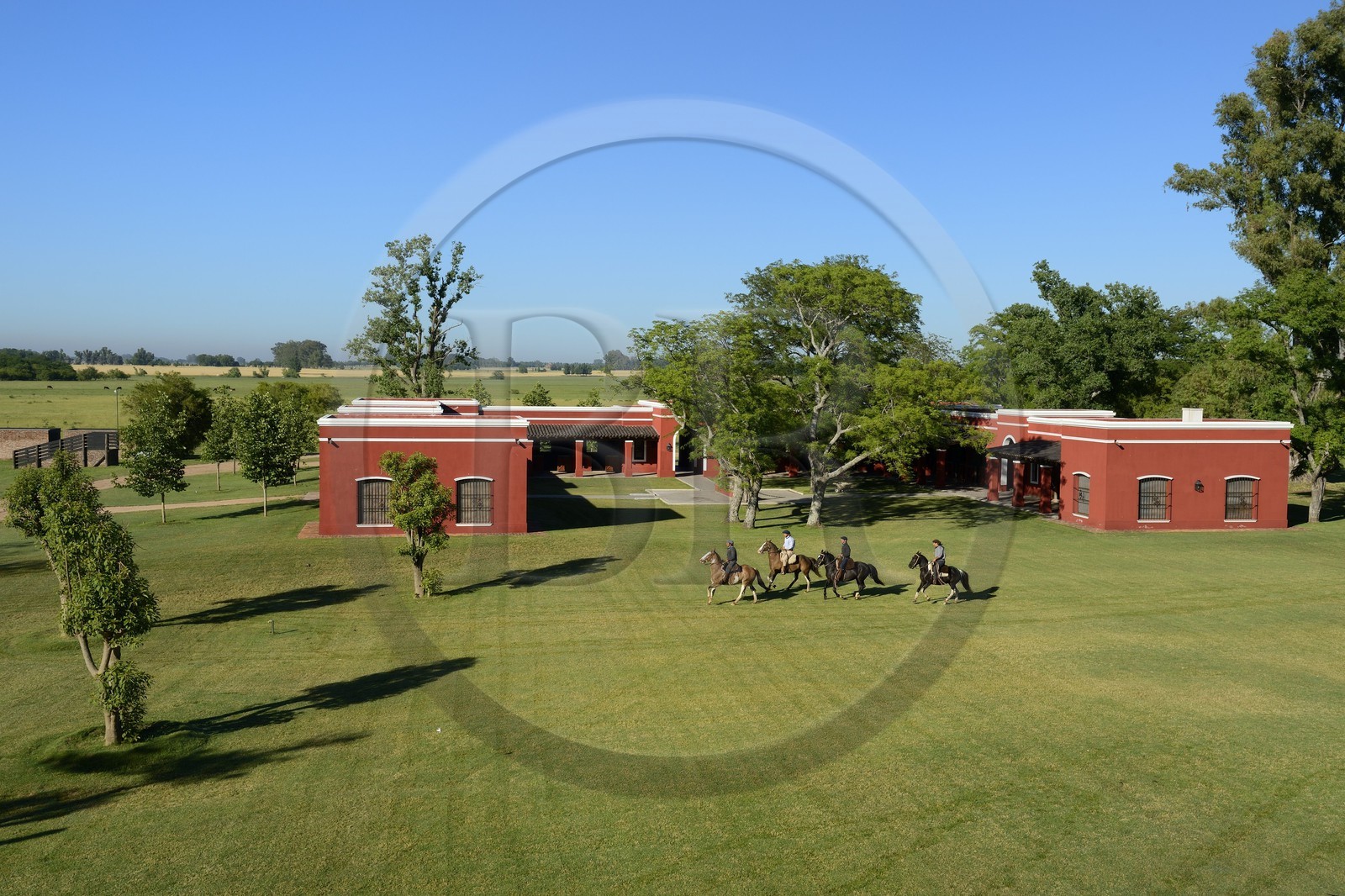 Argentine, province de Buenos Aires, San Antonio de Areco, estancia La Bamba de Areco, gauchos à cheval passant devant l'étable des chevaux utilisés pour le polo