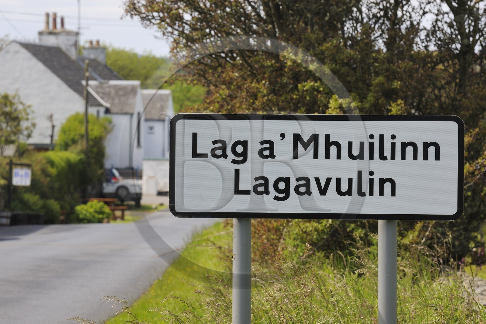 United Kingdom, Scotland, Inner Hebrides, Islay Island, Port Ellen, road sign at the entrance of the village of Lagavulin
