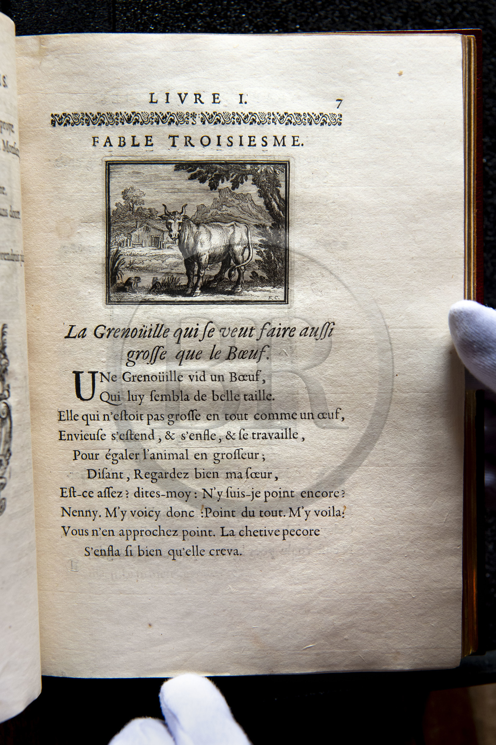 France, Aisne (02), Château-Thierry, Musée Jean de La Fontaine - Ville de Chateau-Thierry, première édition du livre des Fables de La Fontaine, Edition Claude Barbin et Denys Thierry, 1668, in-4, illustrées par François Chauveau, La Grenouille qui se veut faire aussi grosse que le bœuf fable III du livre I