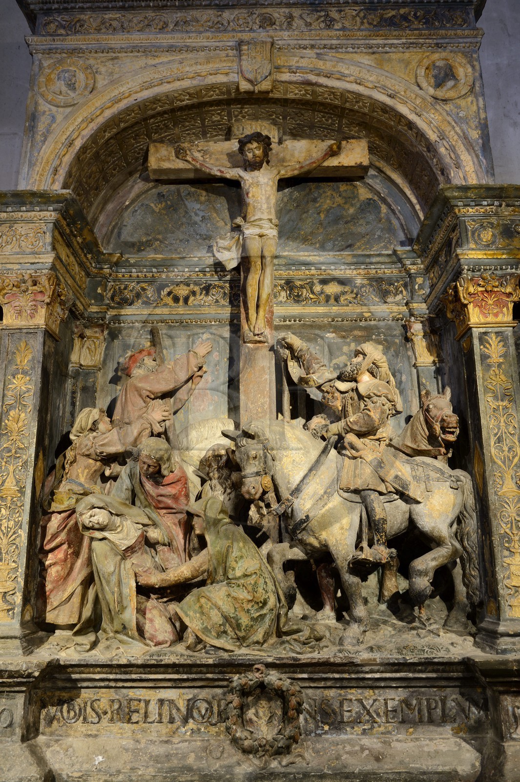 France, Meuse, Lorraine Regional Park, Cotes de Meuse, Hattonchatel, Collegiate Saint-Maur Church housing a Renaissance altarpiece representing three episodes of the Passion in polychrome carved stone from 1523 attributed to Ligier Richier