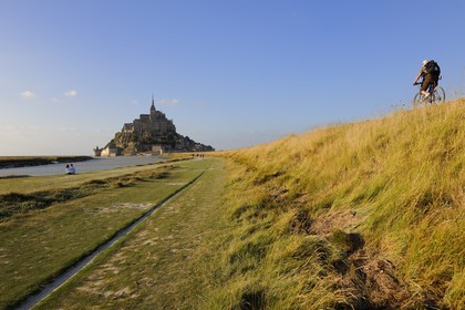 France, Manche (50), Mont-Saint-Michel, classé Patrimoine Mondial de l'UNESCO, et la digue d'accès le long du Cousenon