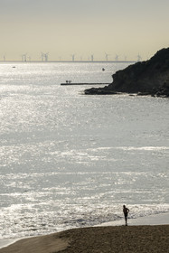 France, Loire Atlantique, Estuaire de la Loire, Saint Nazaire, Courance beach in Saint-Marc-sur-Mer and the offshore wind farm of Saint-Nazaire in the background