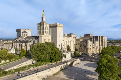 France, Vaucluse (84), Avignon, la cathédrale des Doms et le Palais des Papes classés Patrimoine mondial de l'UNESCO, et la place du Palais (vue aérienne)