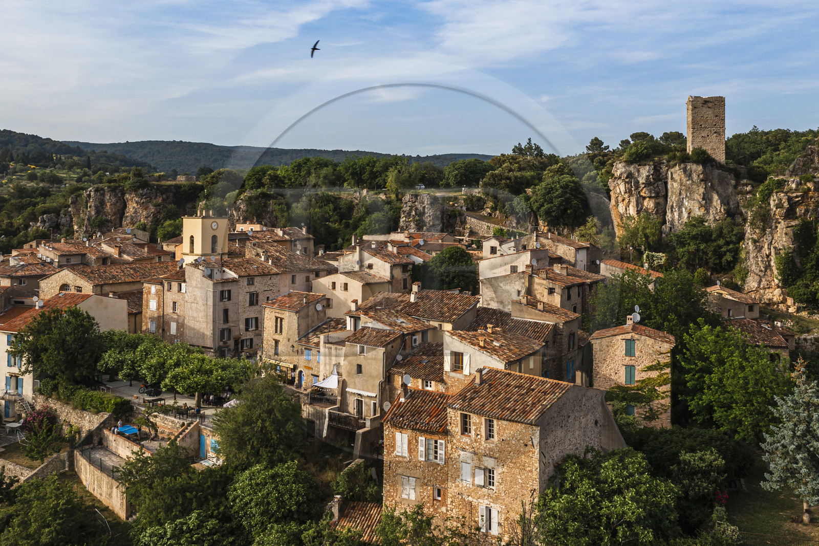 France, Var, the Dracenie, village of Chateaudouble overlooking the gorges on the Nartuby river (aerial view)