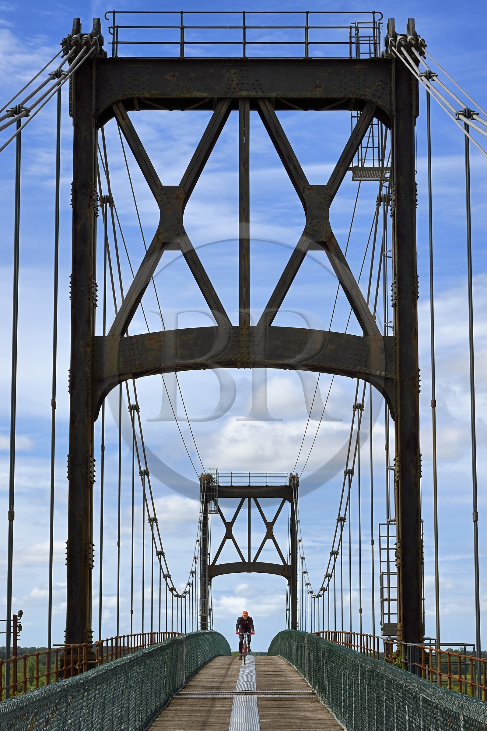 France, Charente-Maritime, Saintonge, Tonnay Charente, cyclists traveling along the Flow Vélo cycle route crossing the suspension bridge built in 1842