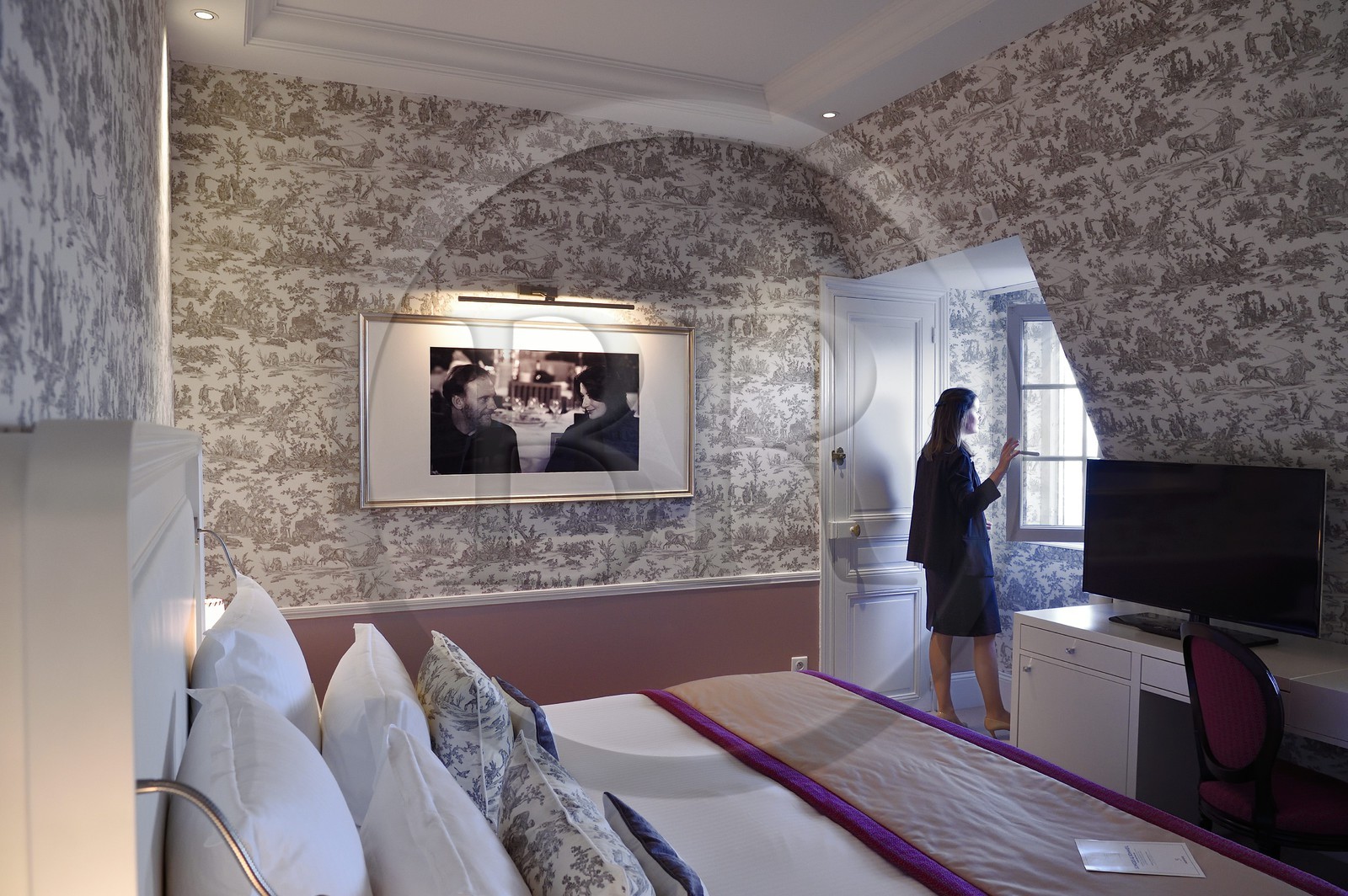 France, Calvados (14), Pays d'Auge, Deauville, l'Hotel Normandy Barriere, la Suite Un Homme Une Femme en hommage au film et à son réalisateur Claude Lelouch, décorée de toile de Jouy