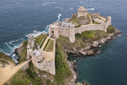France, Cotes d'Armor, Grand Site de France Cap d'Erquy – Cap Frehel, Plevenon, 15th century La Latte Fort or Roche Goyon castle (aerial view)