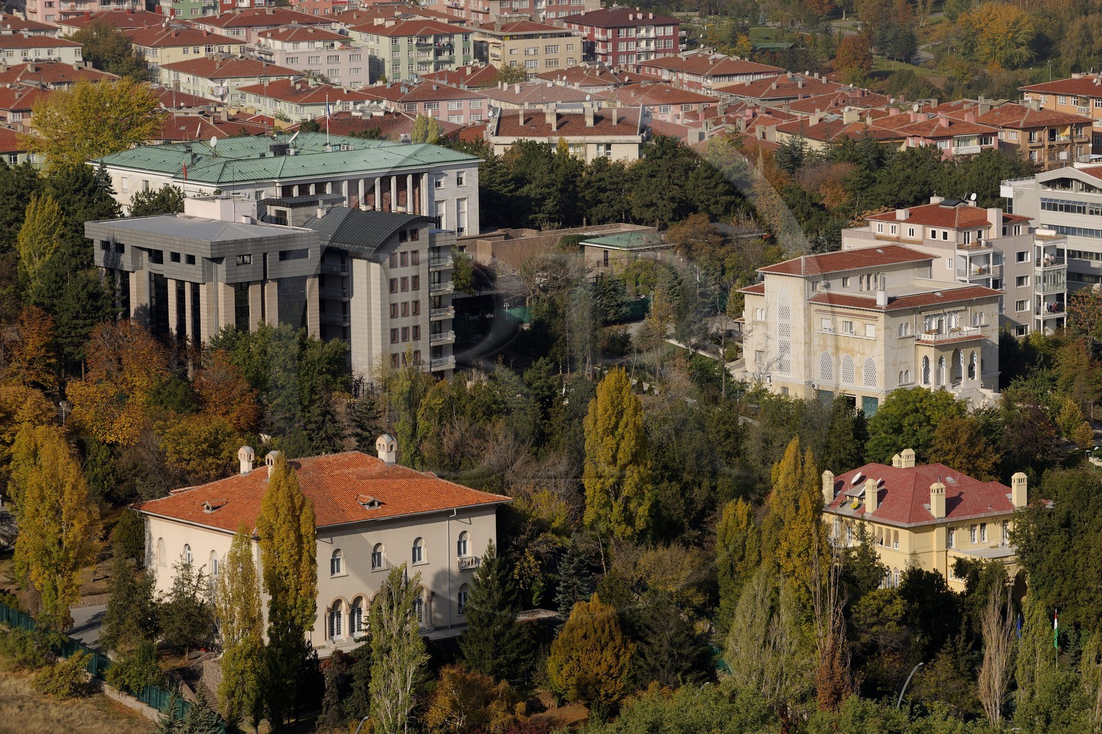 Turkey, Central Anatolia, Ankara, modern city, Embassy area (Embassy of France in green roof)