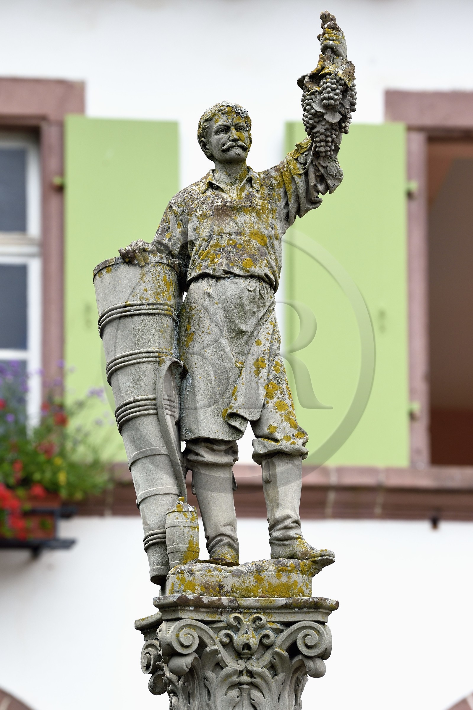 France, Haut-Rhin (68), Route des vins d'Alsace, Ribeauvillé, statue sur une fontaine d'un vigneron s'appuyant sur sa hotte et présentant dans sa main gauche une belle grappe de raisin