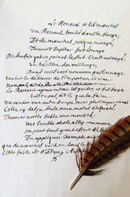 France, Aisne (02), Château-Thierry, Musée Jean de La Fontaine - Ville de Chateau-Thierry, brouillon de la Fable Le Renard, les Mouches et le Hérisson écrit à la plume de la main de Jean de La Fontaine (fac-similé)