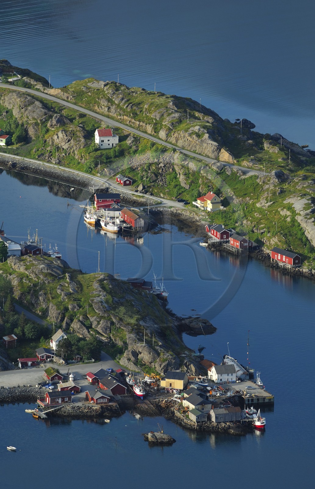 Norway, Nordland County, Lofoten Islands, Moskenes island , fishermen's village of Hamnoy near Reine (aerial view)