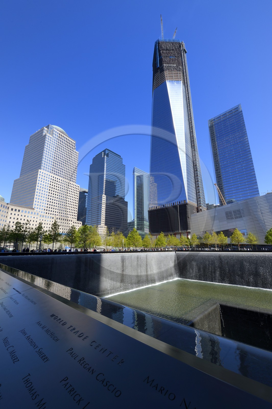 Etats-Unis, New York, Manhattan, 9 11 Memorial dessiné par l'architecte israélien Michael Arad qui consiste en une forêt d'arbres autour de deux étendues d'eau carrées avec deux grands trous en leur centre à l'endroit précis où se tenaient les deux tours et les noms gravés de victimes, le One World Trade Center (1WTC) devenue la plus haute tour de NYC depuis le 30 avril 2012 en arrière plan