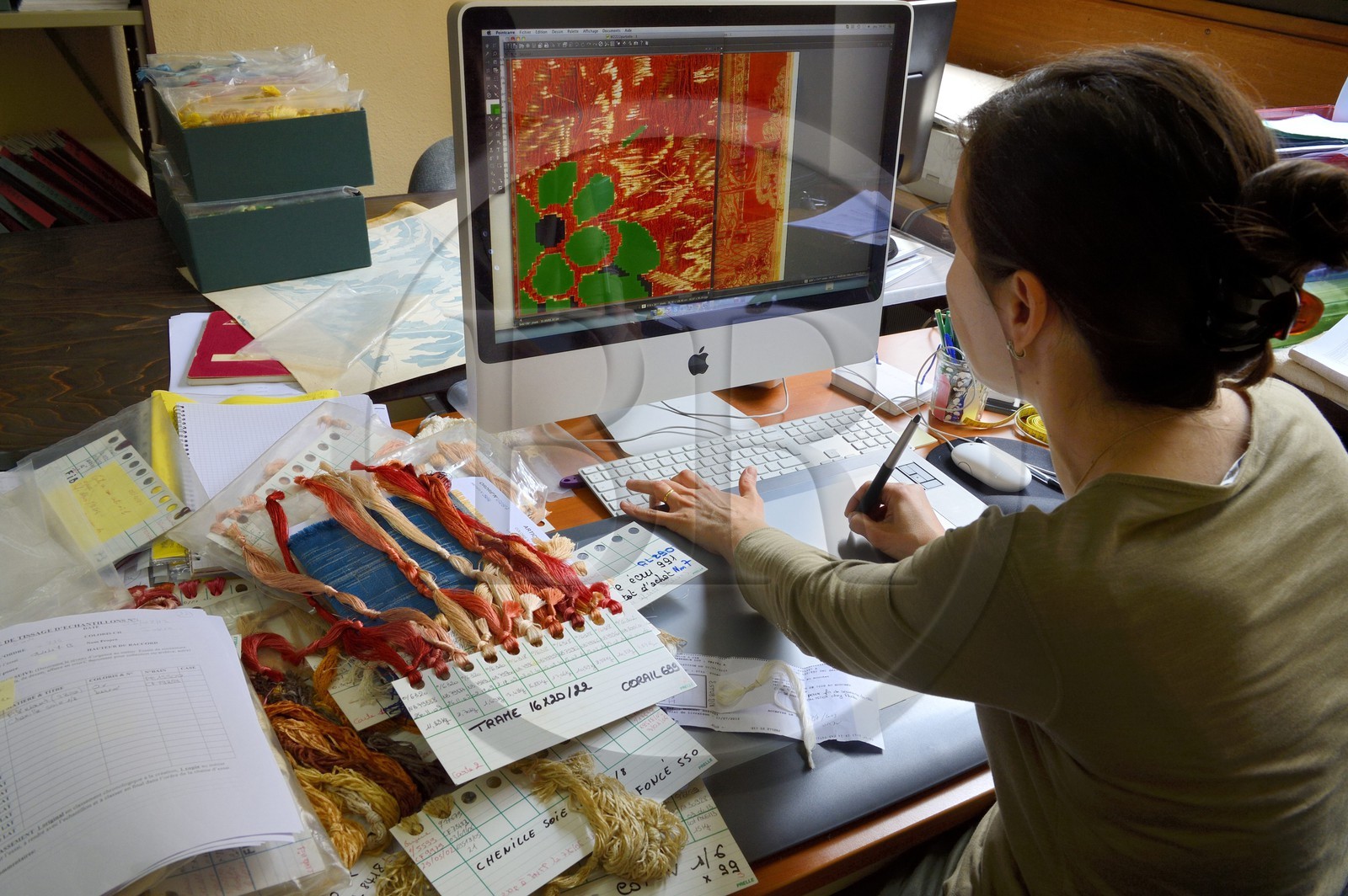 France, Rhone, Lyon, La Croix Rousse District, Silk manufacturer Prelle, scanning and shaping of old models to be able to recreate them, here a fabric of the 18th century