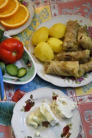 Azerbaijan, Quba (Guba) region, Greater Caucasus mountain range, village of Khinalug (Xinaliq), homestay lunch, cabbage dolmas stuffed with lamb and goat cheese