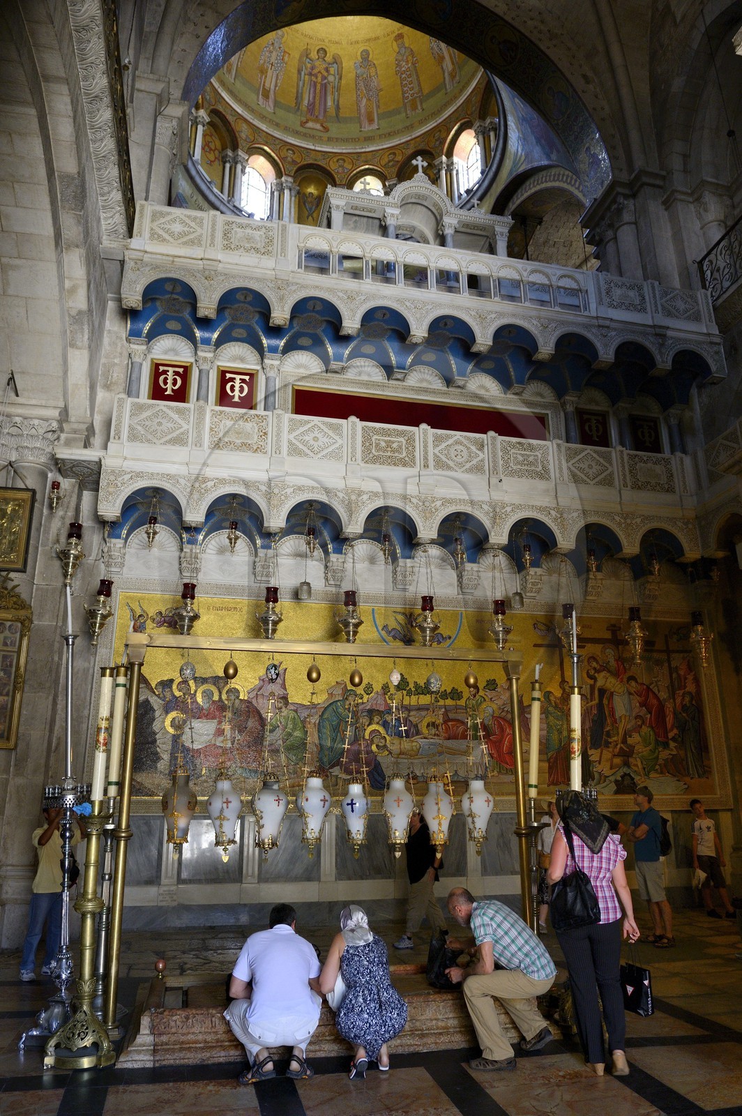Israel, Jerusalem, holy city, the old town listed as World Heritage by UNESCO, Christian Quarter, Church of the Holy Sepulchre, the Stone of Anointing where the body of Jesus Christ was washed