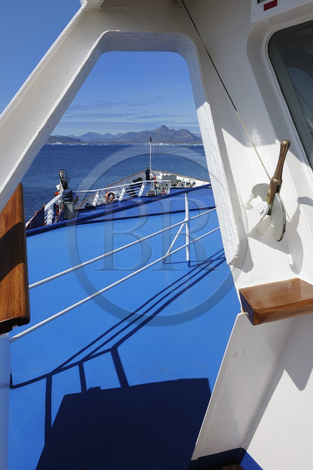 Greenland, Southern Region, Princess Danae cruise ship passing icebergs off Nanortalik