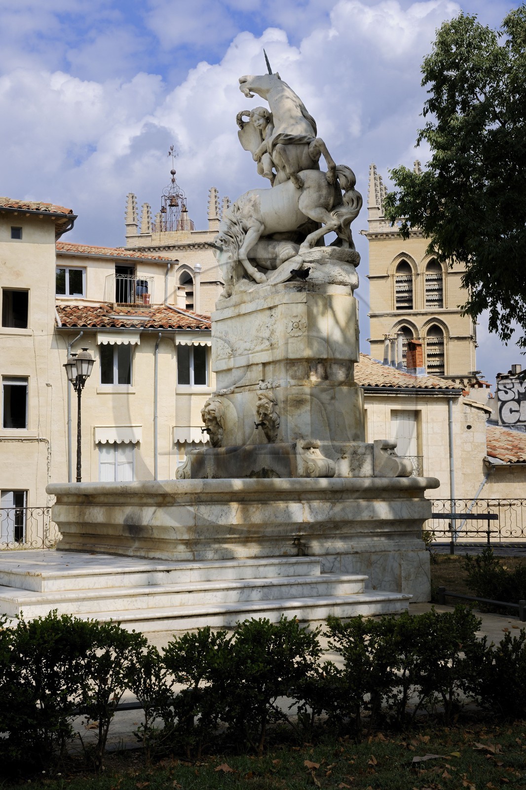 France, Herault, Montpellier, historical center, the Ecusson, the fountain with unicorns in the garden of the Canourgue square