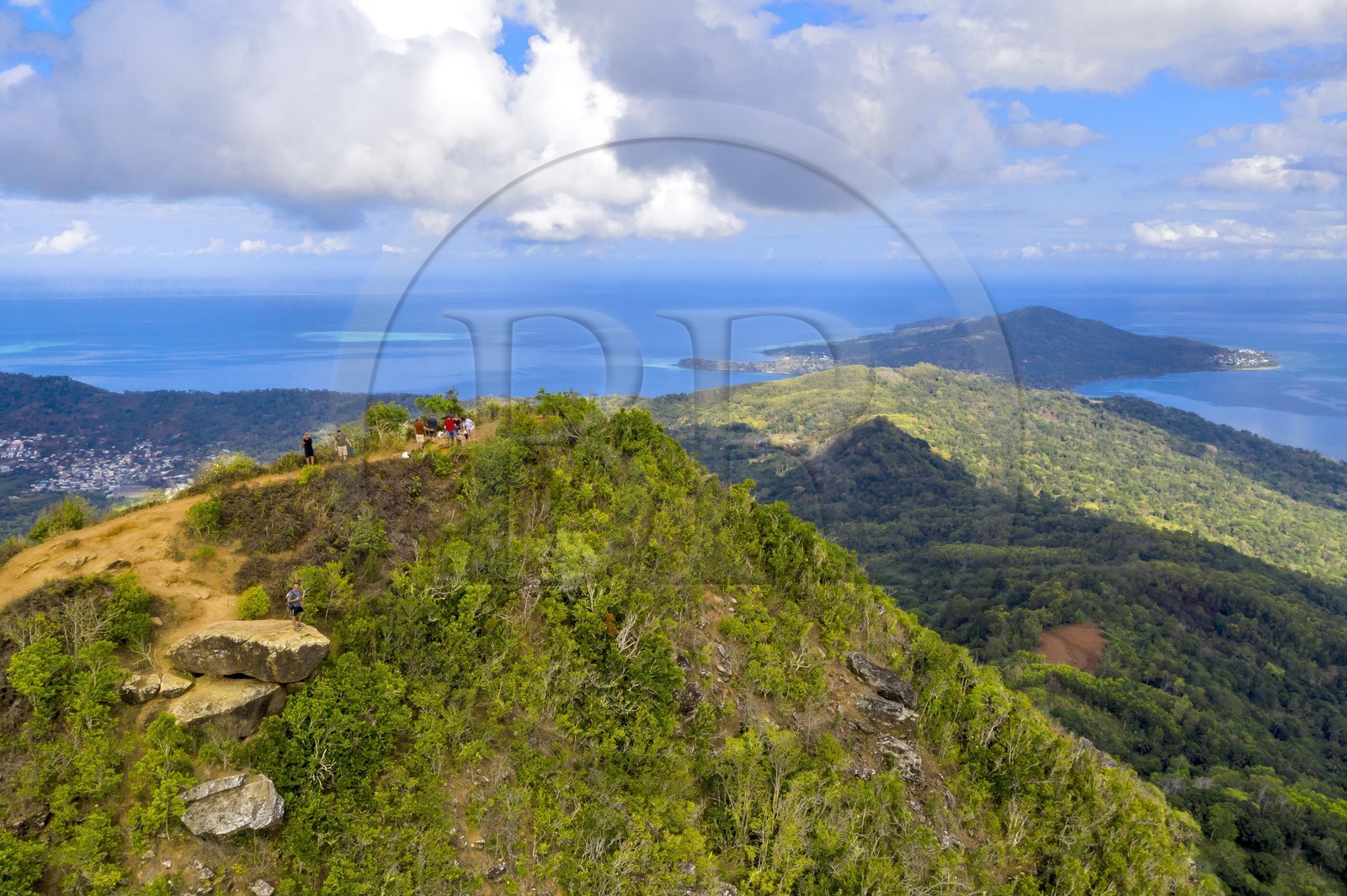 France, Mayotte island (French overseas department), Grande-Terre, Southern Crete Forest Reserve (Reserve Forestiere des Cretes du Sud), hikers at the summit of Mount Choungui (594 meters) (aerial view)