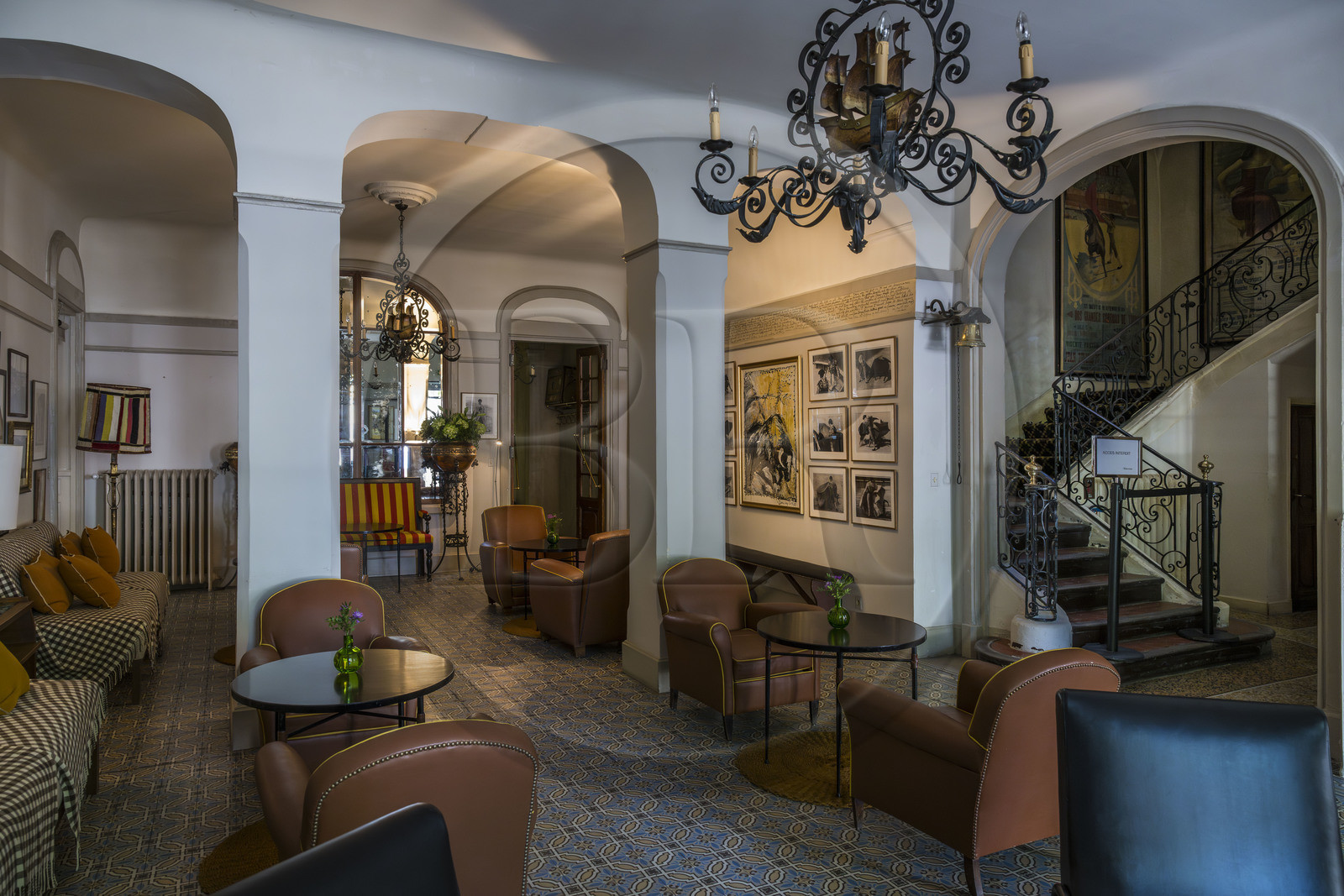 France, Bouches-du-Rhône (13), Arles, lobby de l'Hotel Nord-Pinus sur la place du Forum