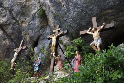 France, Var, Plan d'Aups Sainte Baume, Sainte-Baume Regional Nature Park, Sainte Baume massif, calvary in front of the cave sanctuary of Sainte Marie-Madeleine (St. Mary Magdalene), Jesus Christ surrounded by the good and the bad thief, the Virgin Mary, Saint John and Mary Magdalene at his feet