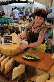 France, Bouches-du-Rhone, Aix-en-Provence, market on Place de l'Hotel de Ville, sale of parmesan cheese