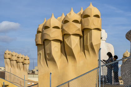 Spain, Catalonia, Barcelona, Eixample district, Passeig de Gracia, Pedrera or Casa Mila (1905-1910) by the Catalan modernist architect Antoni Gaudi, UNESCO World Heritage site, chimneys and ventilation towers on the roof terrace of the building