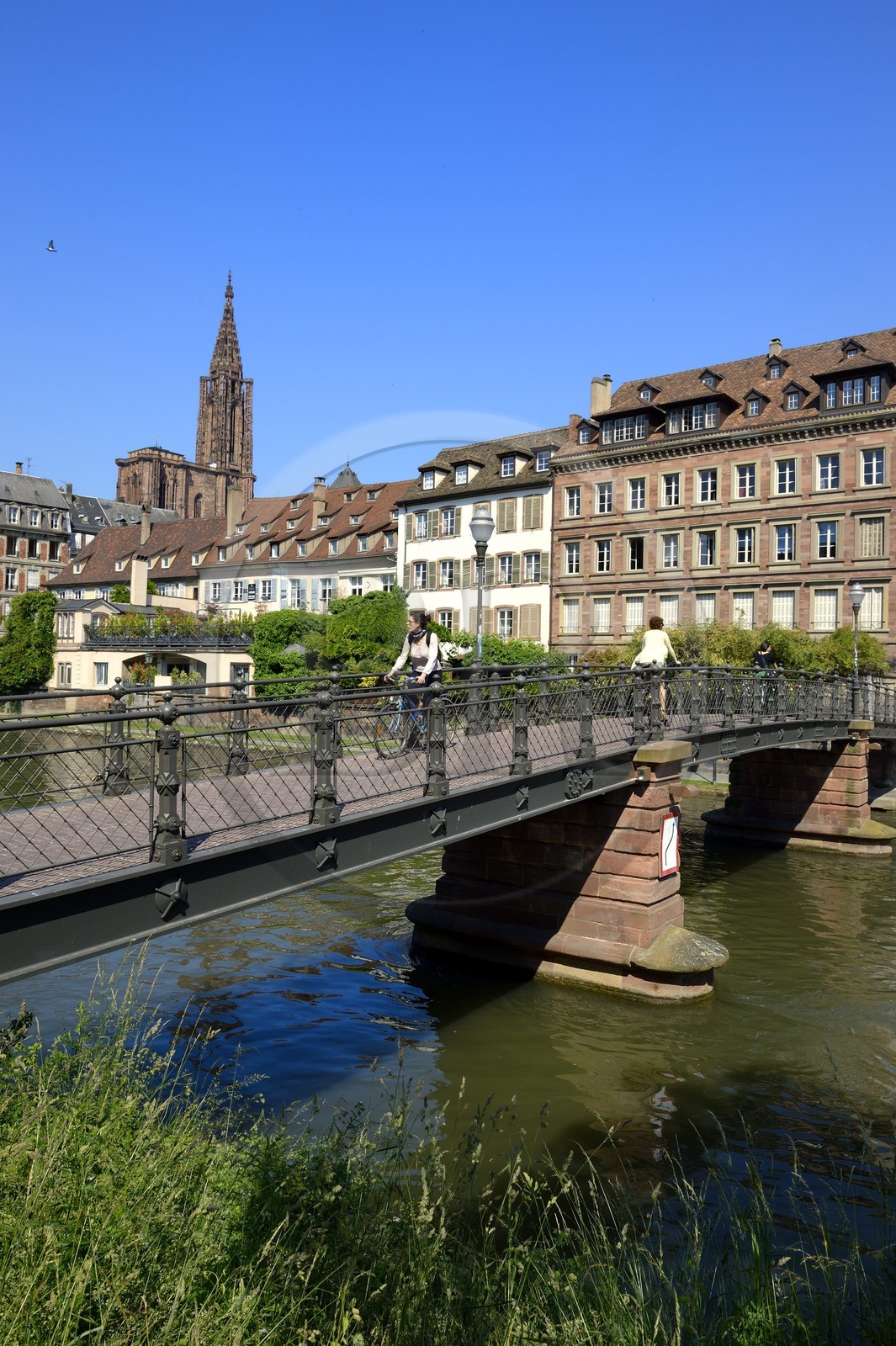 France, Bas Rhin, Strasbourg, old town listed as World Heritage by UNESCO, the banks of Ill River facing quai des Bateliers, the cathedral and Passerelle de l'Abreuvoir