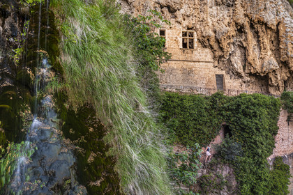 France, Var, Villecroze, waterfall and troglodyte caves in Villecroze park (aerial view)