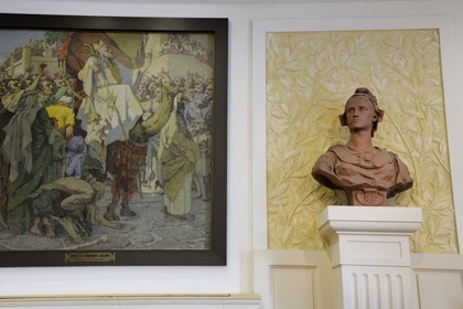 France, Hérault (34), Béziers, hôtel de ville, fresque avec le dromadaire un des symboles de Béziers dans la salle du conseil municipal de la ville et la Marianne