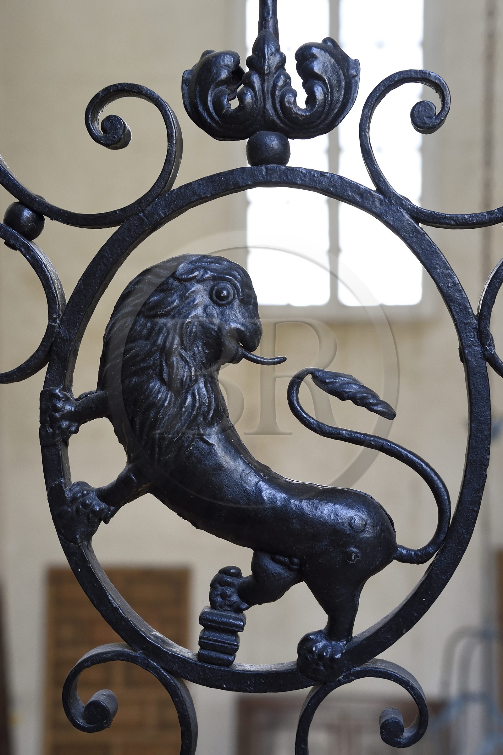 France, Bouches-du-Rhône (13), Arles, l’hotel particulier de Vernon (XVIIIe siècle) propriété de la famille Dervieux depuis quatre générations, lion décorant la rampe d'escalier