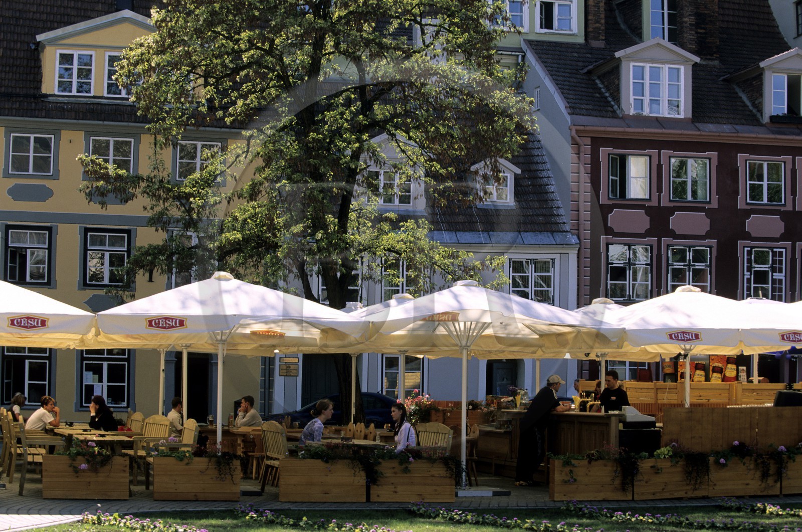 Latvia (Baltic States), Riga, old houses on Meistaru road and outside café
