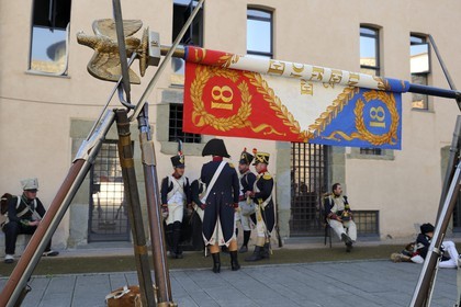 Italy, Liguria, Sarzana, Napoleon Festival, french soldiers of the Grande Armée of the 18th Heavy Infantry Regiment, whose motto was Value and Discipline