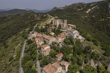 France, Var, Verdon Regional Natural Park, Bargeme village, labelled Les Plus Beaux Villages de France (The Most Beautiful Villages of France), and the Sabran de Ponteves castle (aerial view)