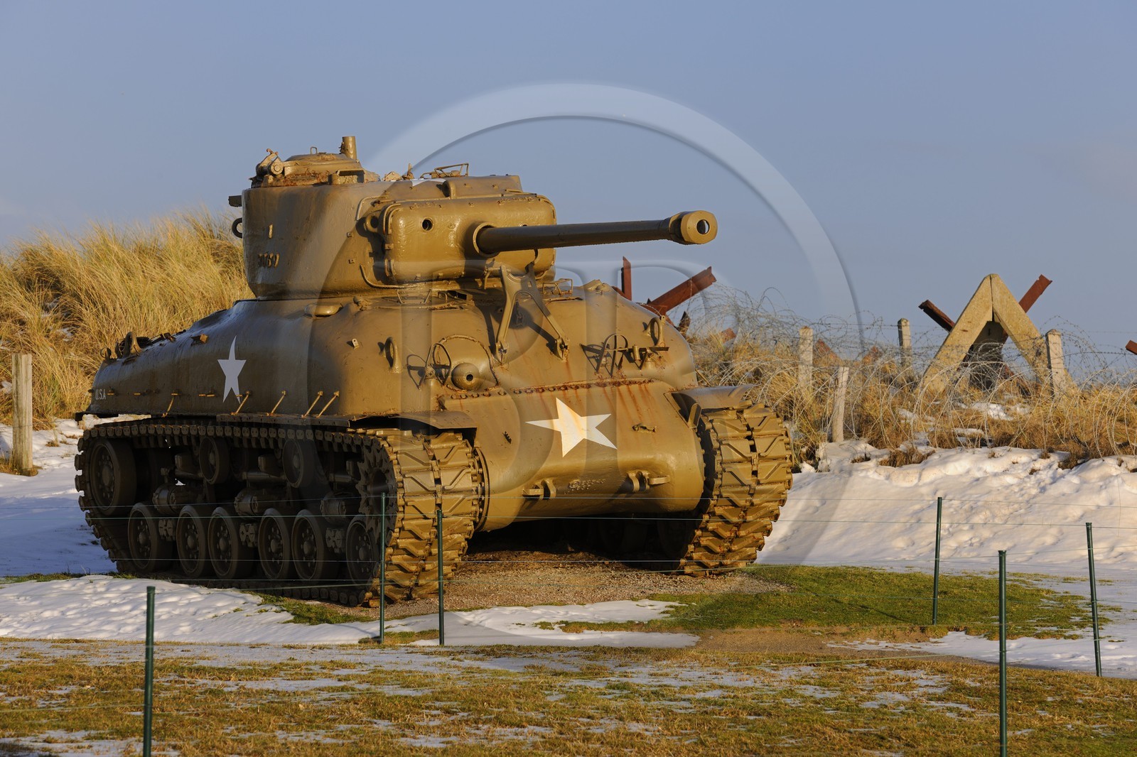 France, Manche, Cotentin, Sainte Marie du Mont, American tank behind Utah Beach where took place the main American landing of D day