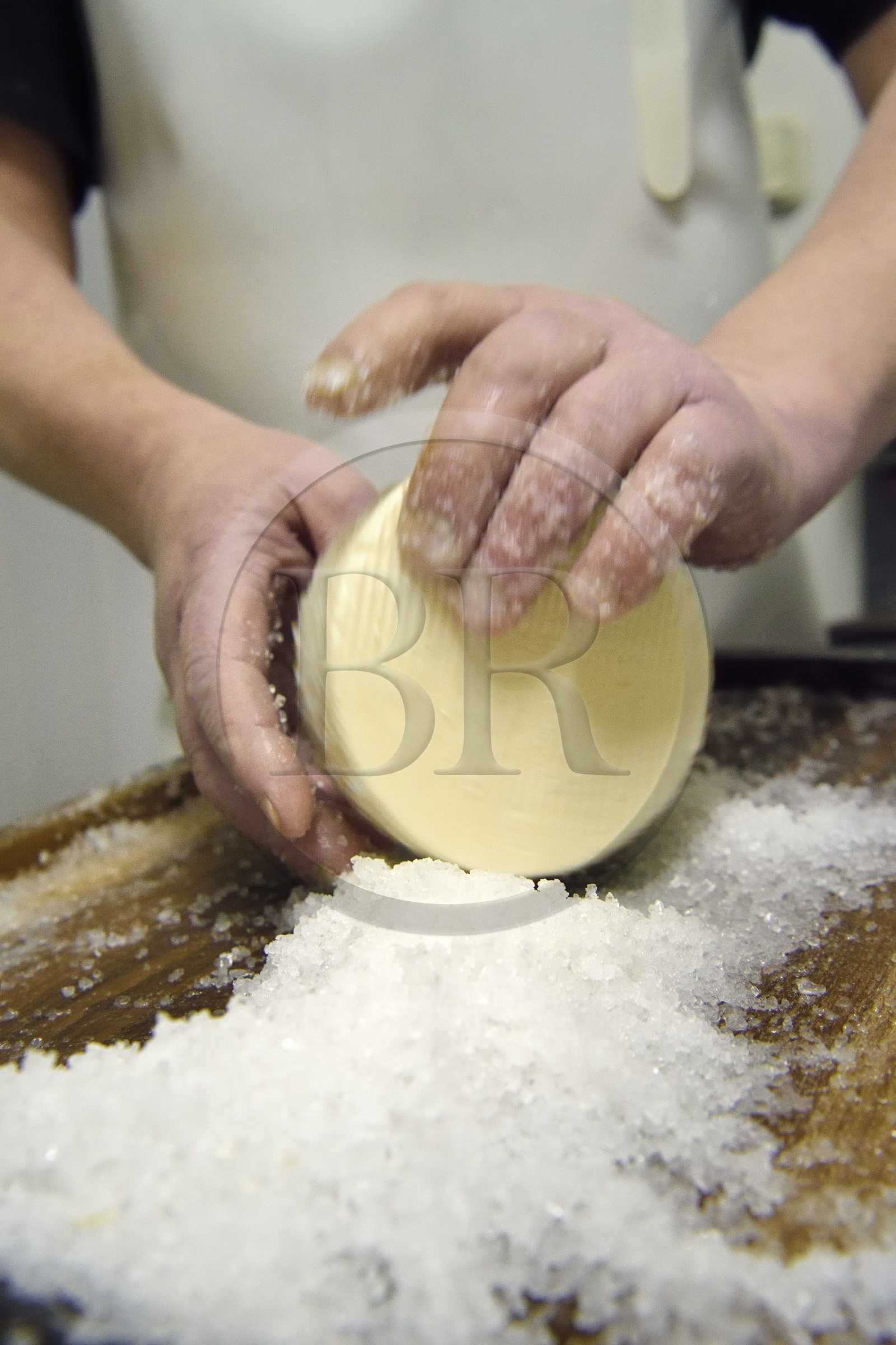 France, Haut Rhin, Wasserbourg, Ferme-auberge (farm-inn) Buchwald, marcaire Michel Wehrey in the production of munster AOP cheese (cow's milk), 24-hour Munster salting