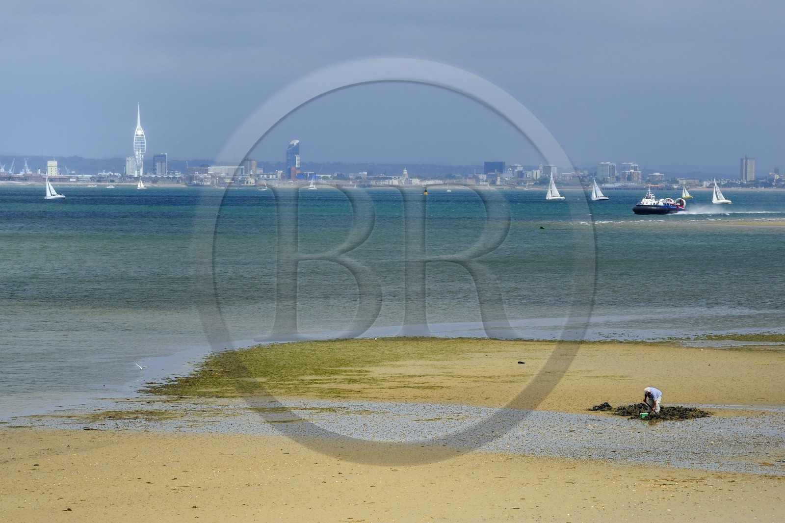 United Kingdom, England, Hampshire, Isle of Wight, Ryde, ferries from Southsea Portsmouth (in the background) to Ryde with the hovercraft (air-cushion vehicle, ACV) from Hover