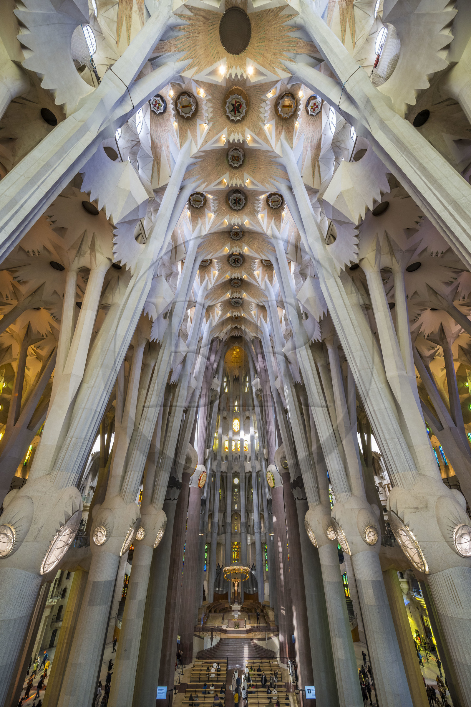 Espagne, Catalogne, Barcelone, quartier de l'Eixample, basilique de la Sagrada Familia de l'architecte du modernisme catalan Antoni Gaudi classée Patrimoine Mondial de l'UNESCO, le chœur, le ciborium, la coupole et la voute de la Nef en haut vus depuis la facade de la Gloire