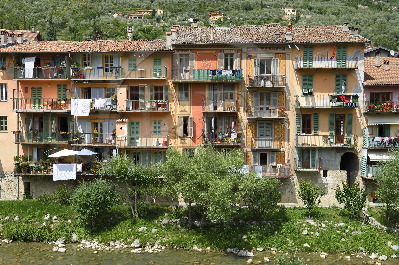 France, Alpes-Maritimes, Sospel, trompe-l'oeil houses facades on Bevera river