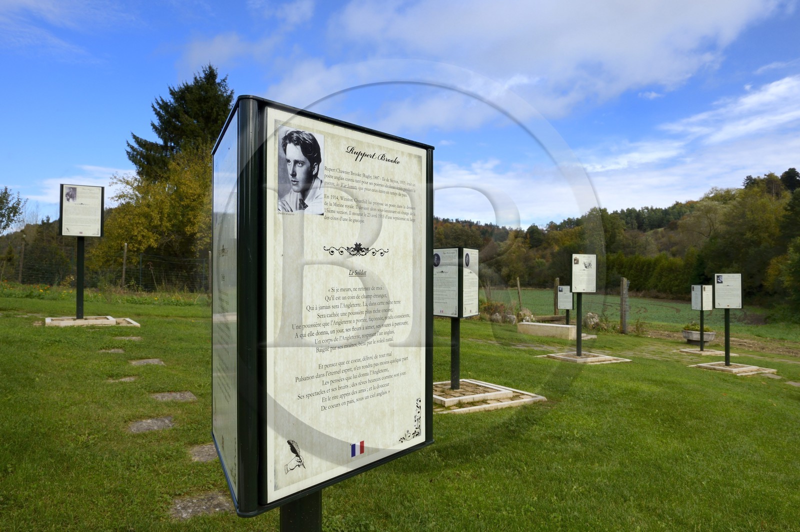 France, Meuse, Lorraine Regional Park, Cotes de Meuse, the Literary Garden of Saint-Remy-la-Calonne, 16 panels in 3 languages ​​(French, German and English) evoking through excerpts from their text the experiences and reflections of iconic writers fighters of the Great War