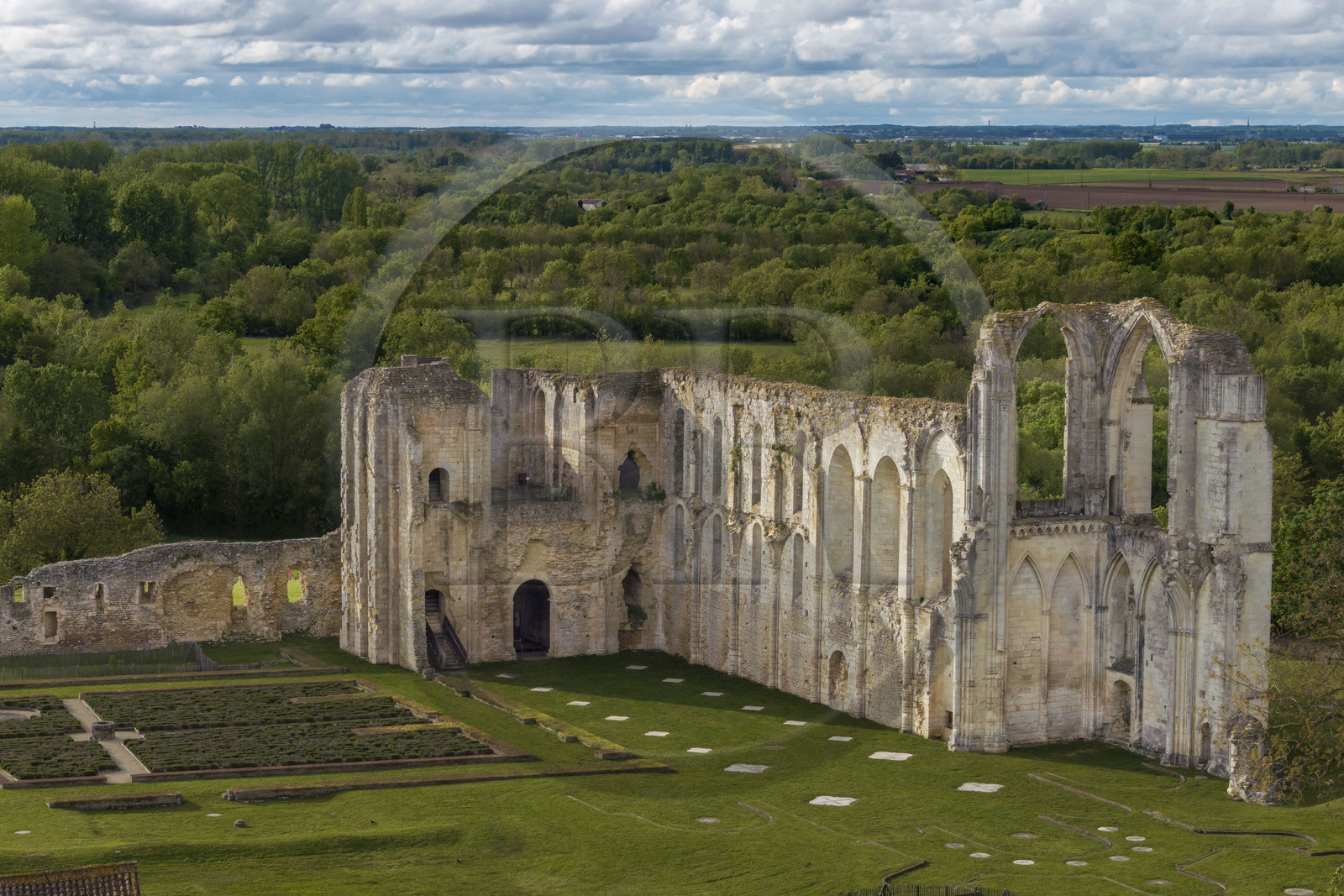 France, Vendee, Parc Interregional du Marais Poitevin labellised Grand Site de France (Interregional Park of the Marais Poitevin labelled Great Site of France), Maillezais, vestiges of the Saint Pierre de Maillezais abbey (aerial view)