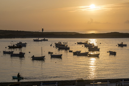 France, Finistère (29), Mer d'Iroise, Ile de Molène au petit matin, les bateaux de pêches sont au mouillage à la belle saison entre le bourg et l'ilot Lédenez Vraz en arrière plan