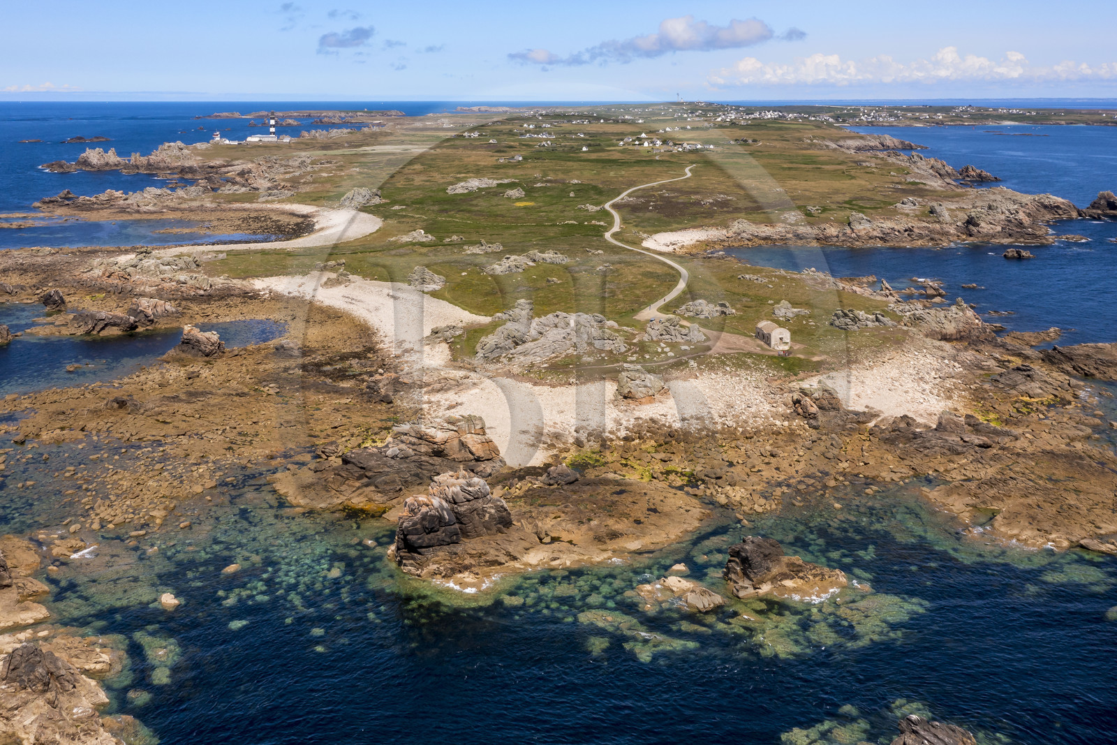 France, Finistère, Iroise Sea, Ouessant Island, the Pointe de Pern and the Créac’h lighthouse in the background (aerial view)