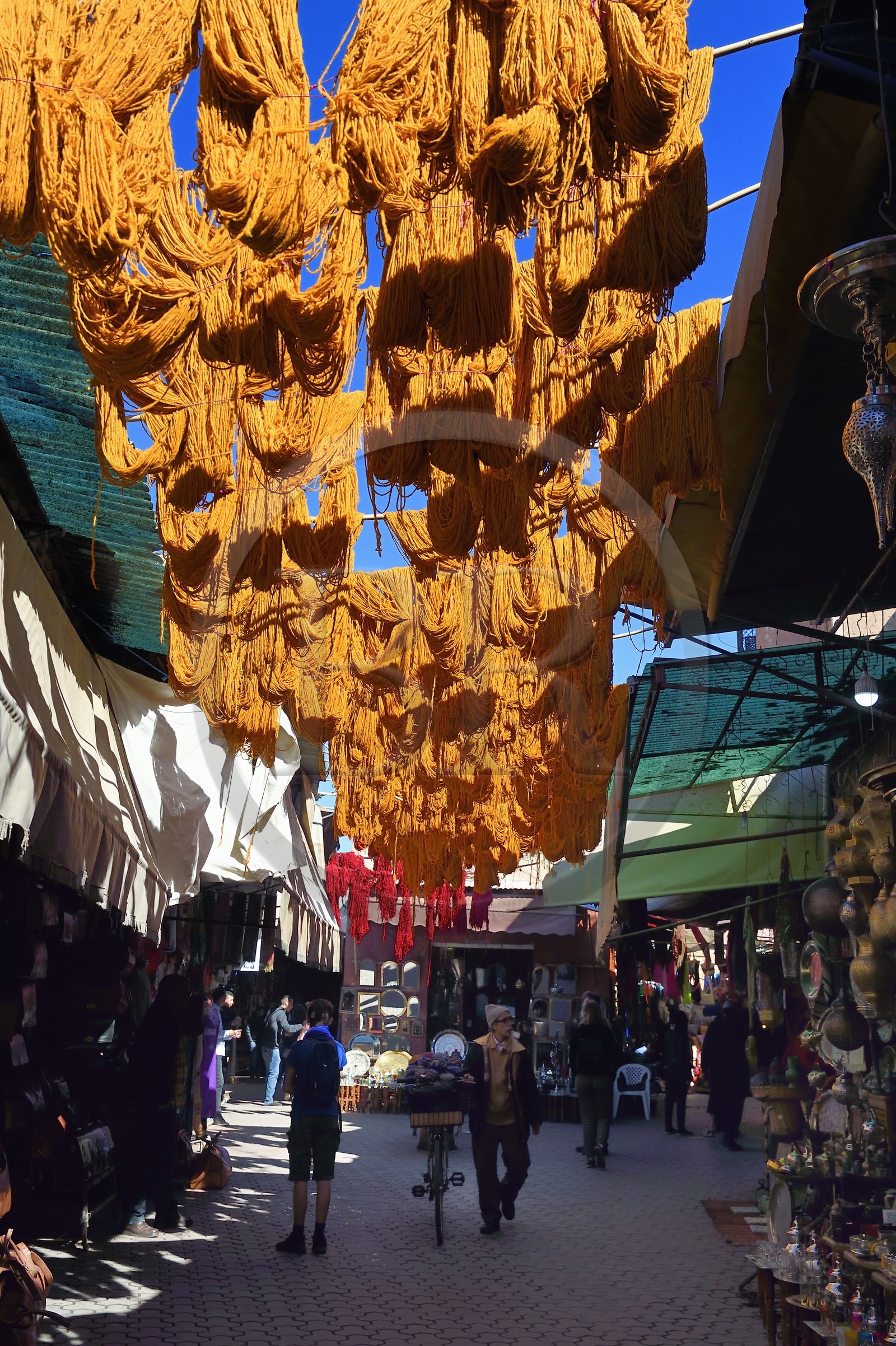 Maroc, Haut-Atlas, Marrakech, ville impériale, Médina classée Patrimoine Mondial de l'UNESCO, boutiques dans le souk des teinturiers, laine au séchage
