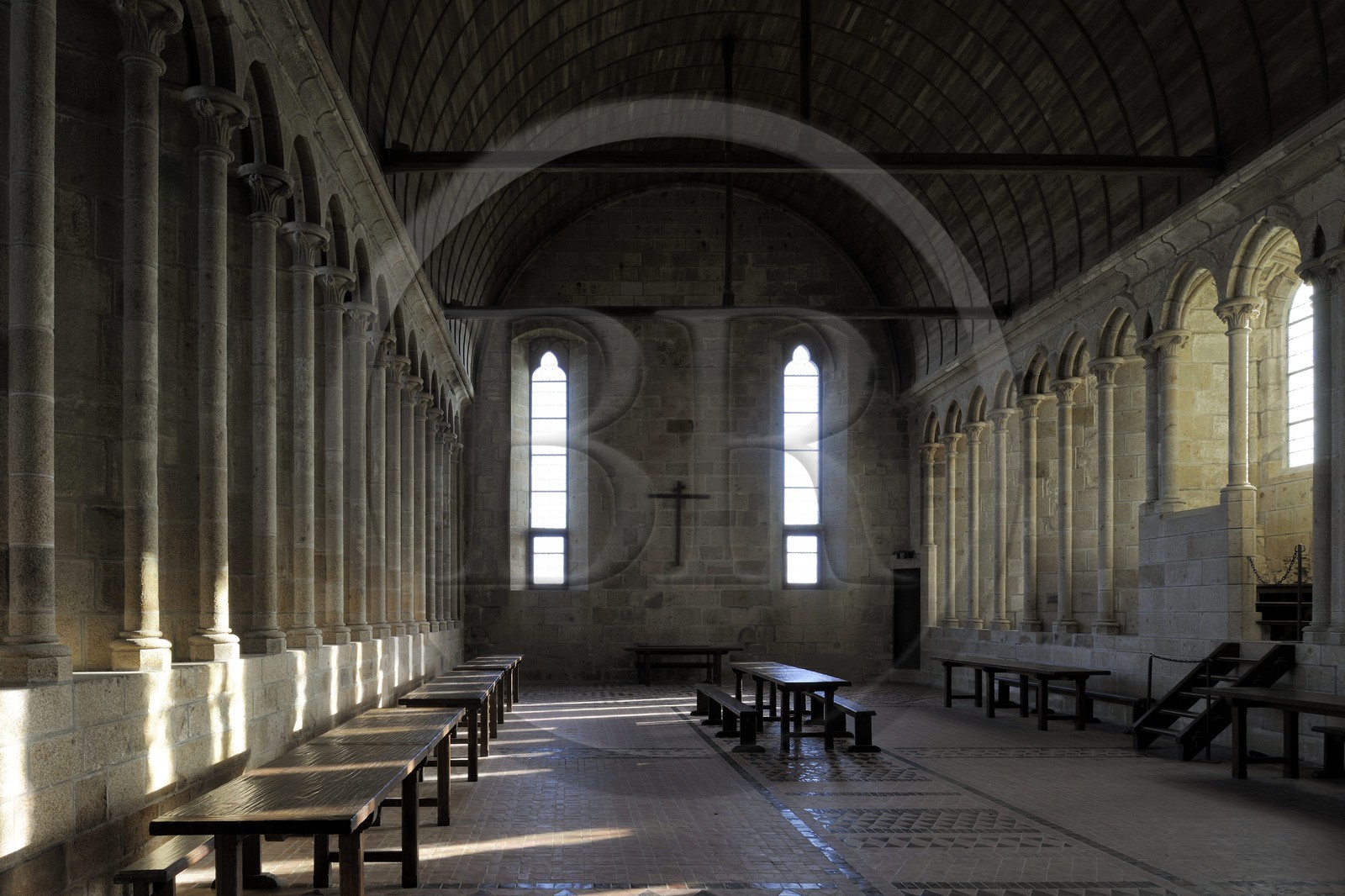 France, Manche, the abbey of Mont Saint Michel, listed as World Heritage by UNESCO, buildings of la Merveille, refectory of the monks